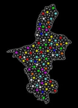 Mesh Wire Frame Map of Ningxia Hui Region with Colorful Light Spots Stock-Illustration