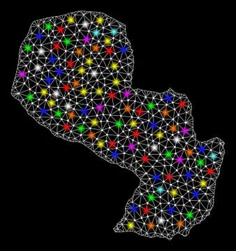 Mesh Wire Frame Map of Paraguay with Colorful Light Spots 스톡 일러스트