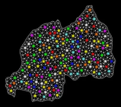 Mesh Wire Frame Map of Rwanda with Bright Light Spots 스톡 일러스트
