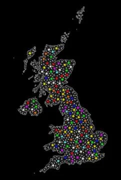 Mesh Wire Frame Map of United Kingdom with Colorful Light Spots Stock-Illustration
