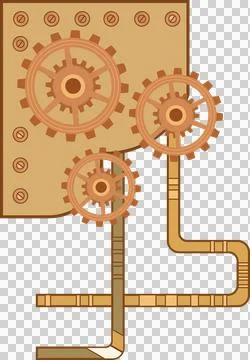 Meshing copper brass gears and pipes rotating on transparent background in flat Stock Illustration