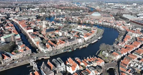A mesmerizing bird's-eye view of Haarlem's iconic landmarks, captured by an Stock Footage 235912162