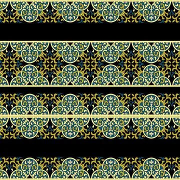 A mesmerizing blue and gold pattern on a striking black background Stock Illustration