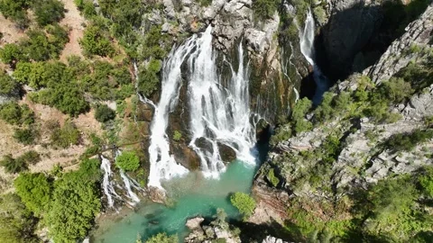 Mesmerizing Elegance: Aerial View of the Iconic Waterfall in Antalya, Turkey Stock Footage 243192858