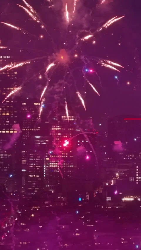 A mesmerizing fireworks display lights up the night sky over San Francisco Stock Footage 317335135