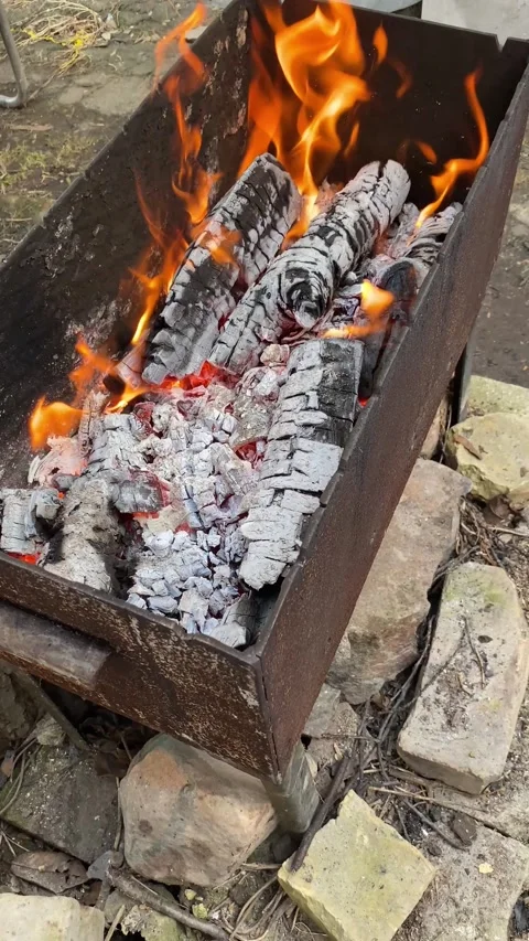 Mesmerizing flames over smoldering logs in a cozy outdoor campfire Stock Footage 303807998