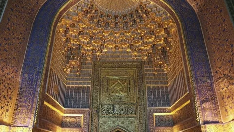The mesmerizing interior of the Tilla-Kari Mosque in the historical Registan Stock-Footage 243762227