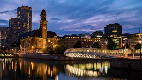 Mesmerizing Malmo Cityscape Timelapse from Sunset to Night Stock Footage 309565615