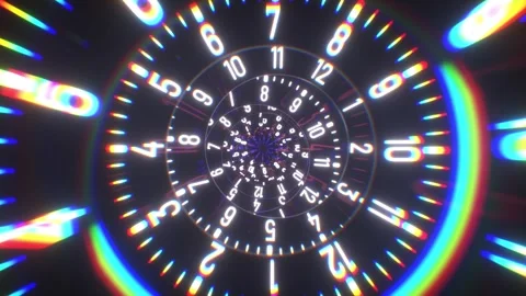 Mesmerizing Spiral of Clock Numbers Time Distortion with Colorful Light Eff.. Video stock 314066284