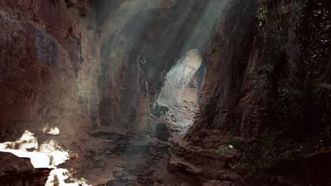 A mesmerizing tunnel of light piercing through a majestic mountain cave Stock Illustration