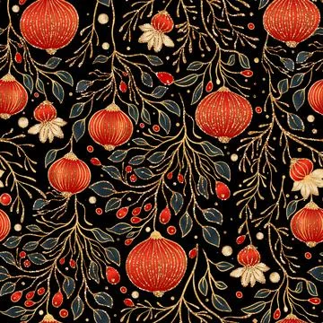 A mesmerizing vector fabric design of fiery red balls and gleaming gold leaves Stock Illustration