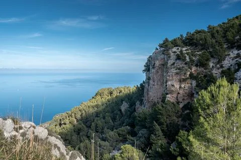 Mesmerizing views from the overhanging cliffs of the coastline of Mallorca Stock Photos
