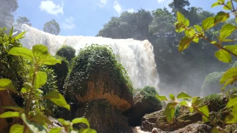 Mesmerizing waterfall with natural light, blue summer sky and green leaves. Stock Footage 142584251