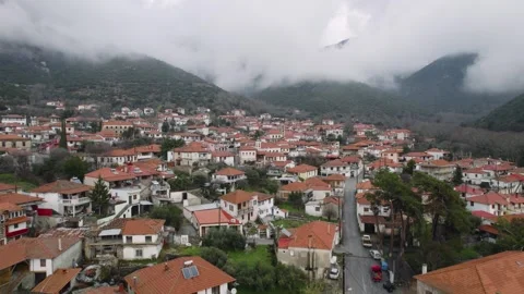 Mesoropi Kavala Greece, Aerial Pullback Shot, Traditional Village Landscape Stock Footage 332214913