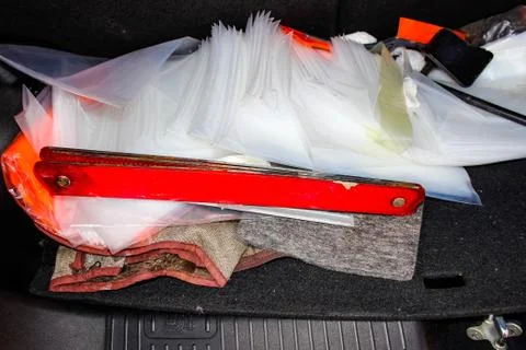 A mess of Different things in the trunk of a car. Stock-Fotos