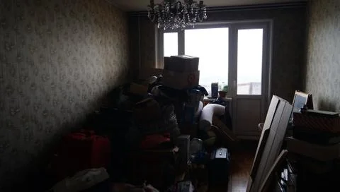 Mess in new house. Boxes, things after moving to another apartment. 写真素材