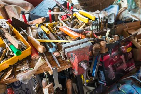 Mess of various tools in workshop Stock Photos