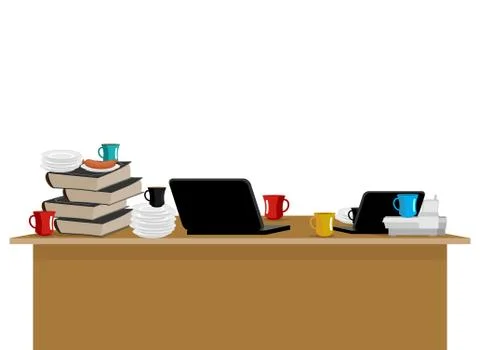 Mess in workplace. Computer freelancer. Dirty dishes and laptop. Vector illus Illustrazione stock