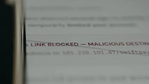 Message about a blocked link, Malicious Destination Detected, ethical hacking Stock Footage 332891628