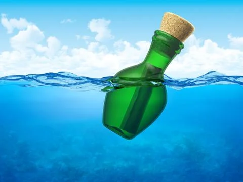 Message in a bottle (3d conceptual objects floating in open water) Stock Illustration