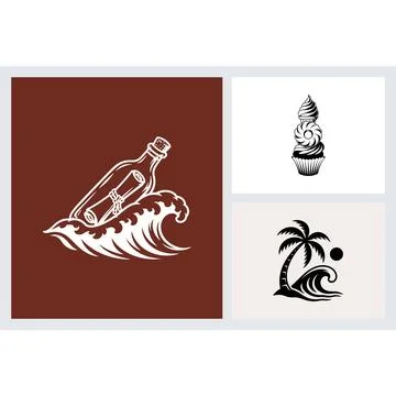 Message in a bottle with cupcake and palm tree icons Stock Illustration