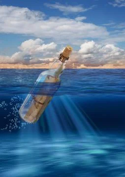 Message in bottle floating on open sea Stock Illustration