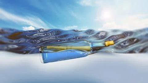 Message in a bottle floating on sea level. 3D illustration Stock Illustration