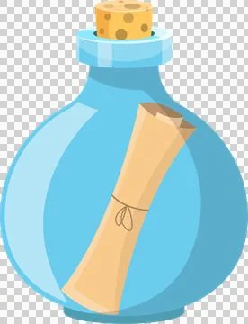 Message in a bottle: A rolled parchment tied with string is sealed inside a.. Stock Illustration
