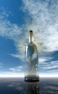 Message in a bottle under cloudy sky  - 3d illustration Illustrazione stock