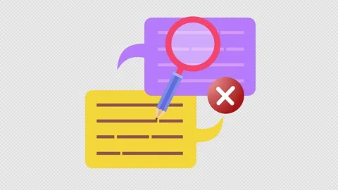 Message bubbles with a magnifying glass and a wrong checkmark cartoon animation Stock Footage 306245619