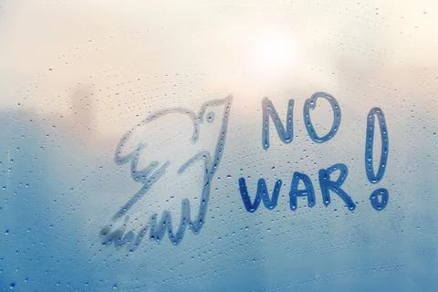 Message call No war and dove of peace bird are painted handwriting on blue wi Stock Photos