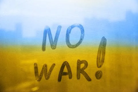 Message call No war now are painted handwriting on window with raindrops in c Stock Photos
