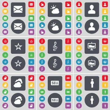 Message, Cloud, Avatar, Star, Clef, Graph, Sell, Silhouette icon symbol. A large Stockillustratie