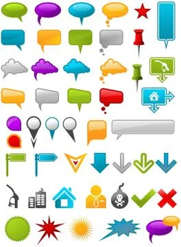 Message containers and map location pointers icons Stock Illustration
