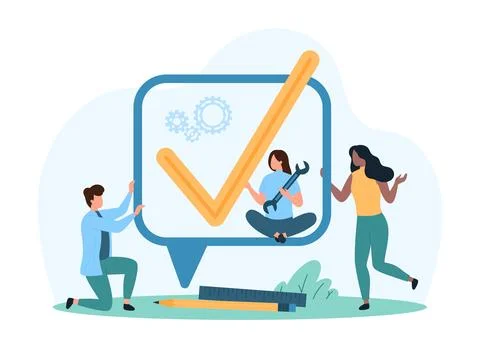 Message of data, document or list approval, people and check mark inside speech Illustrazione stock
