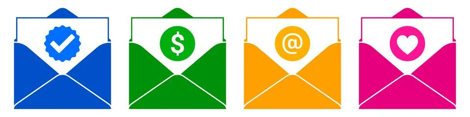 Message envelope flat vector icons, with verification, dollar, at sign, and Stock-Illustration