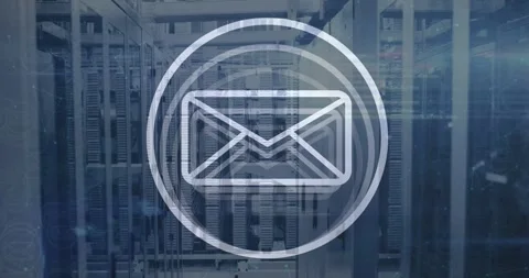 Message icon and data processing against computer server room Stock Footage 328351415
