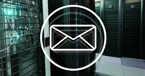 Message icon and data processing against computer server room Stock Footage 328707114
