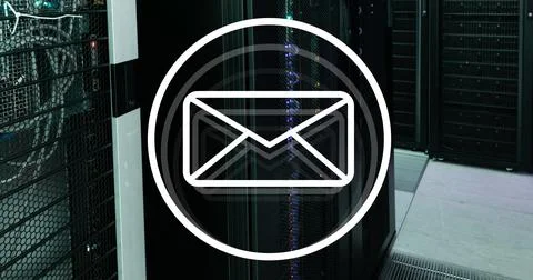Message icon and data processing against computer server room Illustrazione stock