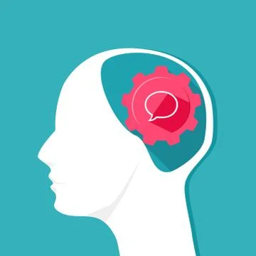 Message icon in the human head. Thinking words in the brain. vector. Stock Illustration