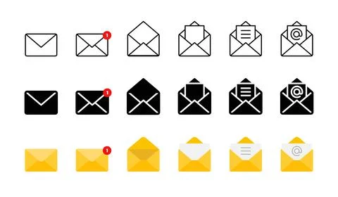 Message icon set. Closed, open and notification envelopes in outline, solid.. イラスト素材