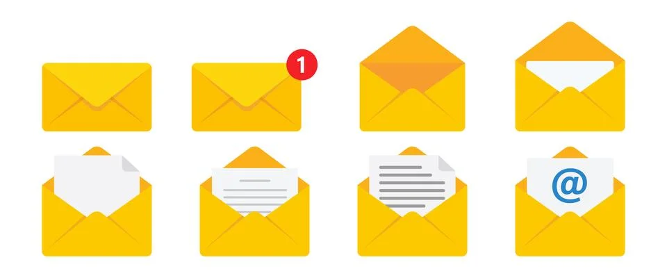 Message icon set. Closed, open and notification envelopes. Email message se.. Stock-Illustration