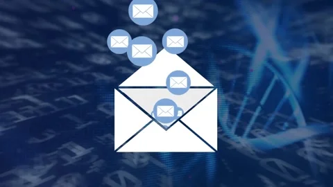 Message icons coming out of envelope against dna structure and binary coding on Stock Footage 156238884