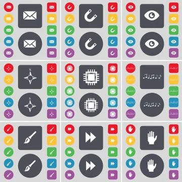 Message, Magnet, Vision, Compass, Processor, Note, Brush, Rewind, Hand icon symb Stock Illustration