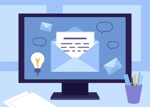 Message by mail in an envelope on computer. Office worker workplace with text Illustrazione stock