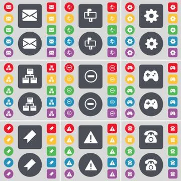 Message, Mailbox, Gear, Network, Minus, Gamepad, Marker, Warning, Retro phone ic Stock Illustration