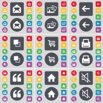 Message, Picture, Arrow left, Printer, Quotation mark, House, Mute icon symbol. Illustrazione stock