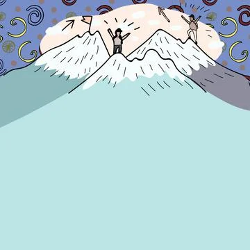 Message Presented Underneath Men Hiking On Top Of Mountains With Snow. Two Stock Illustration
