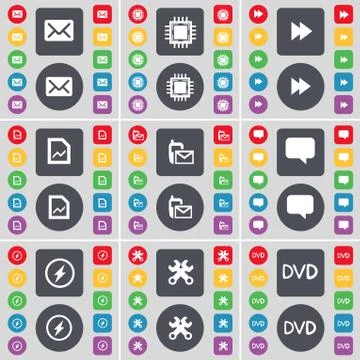 Message, Processor, Rewind, Graph file, SMS, Chat bubble, Flash, Wrench, DVD ico Stock Illustration