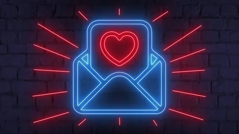 Message with red hearth icon on brick background. Neon glowing beams showing Stock Footage 255744429